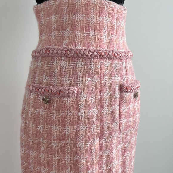 Chanel 2pc Pink Gold Button-Up Tweed Woven Trim Jacket Skirt Suit Set - Picture 9 of 11